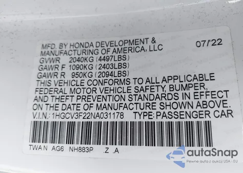 2022 Honda Accord Hybrid Sport from USA, damaged, VIN 1HGCV3F22NA031178